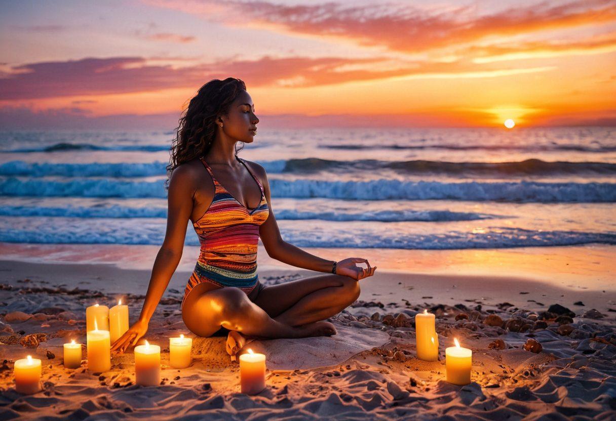 A serene beach scene featuring a confident person wearing a stylish bathing suit, radiating joy and self-love. In the background, soft waves and a colorful sunset create a peaceful atmosphere, while elements of meditation, such as candles and stones, are scattered nearby. The person’s posture is open and relaxed, embodying self-acceptance and well-being. The color palette is warm and inviting, emphasizing health and happiness. vibrant colors. super-realistic.
