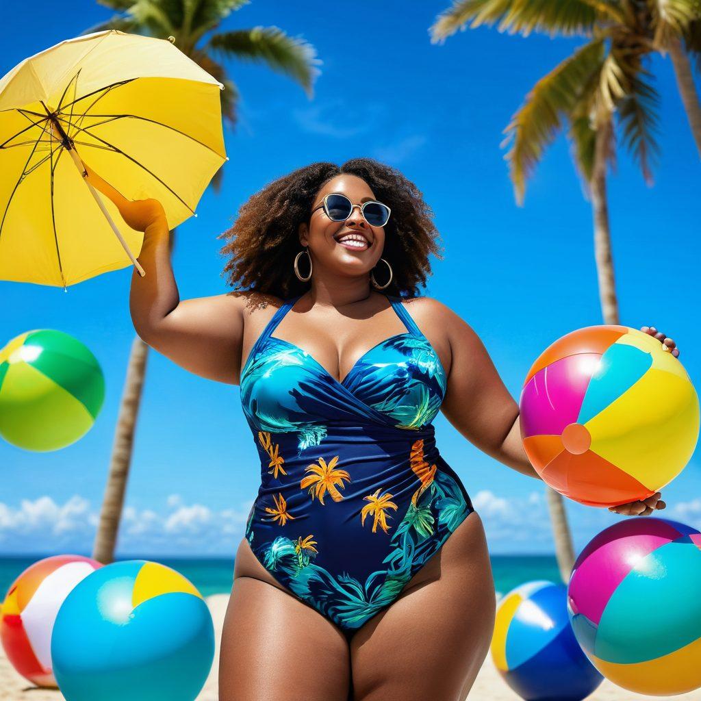 A confident plus-size woman enjoying a sunny beach day, wearing a stylish swimsuit that highlights her curves. Surround her with colorful beach balls, sun umbrellas, and a vibrant ocean background. She radiates joy while embracing her body, with palm trees swaying in the breeze. Include a bright blue sky with fluffy clouds to enhance the summer vibe. vibrant colors. super-realistic. sunny atmosphere.
